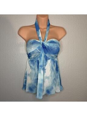 Blue and white tie-dye halter top with pleated detailing
